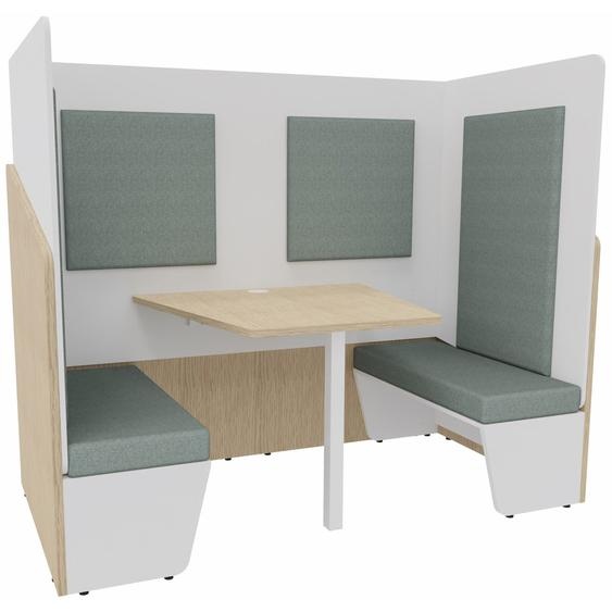 Alcôve cabine de confidentialité acoustique duo assise 2 banquettes CALME Bas Chêne - Haut Blanc - Habillage Vert