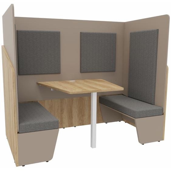 Alcôve cabine de confidentialité acoustique duo assise 2 banquettes CALME Bas Chêne Nebraska - Haut Argile - Habillage Gris