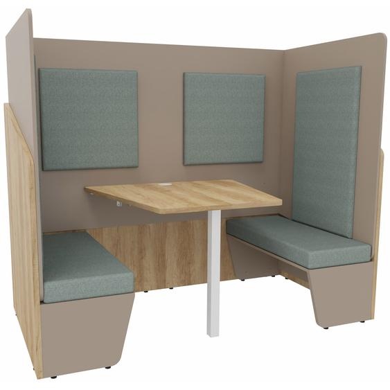 Alcôve cabine de confidentialité acoustique duo assise 2 banquettes CALME Bas Chêne Nebraska - Haut Argile - Habillage Vert