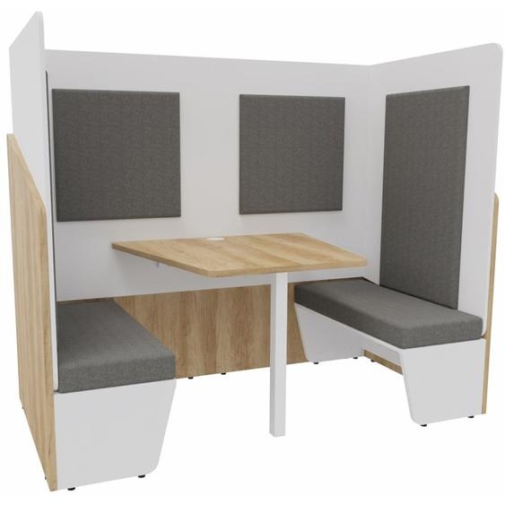 Alcôve cabine de confidentialité acoustique duo assise 2 banquettes CALME Bas Chêne Nebraska - Haut Blanc - Habillage Gris