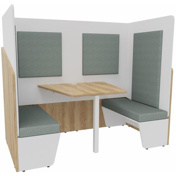 Alcôve cabine de confidentialité acoustique duo assise 2 banquettes CALME Bas Chêne Nebraska - Haut Blanc - Habillage Vert