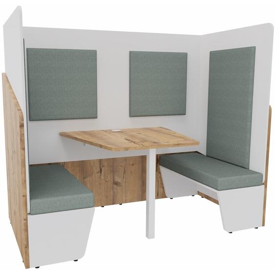 Alcôve cabine de confidentialité acoustique duo assise 2 banquettes CALME Bas Timber - Haut Blanc - Habillage Vert