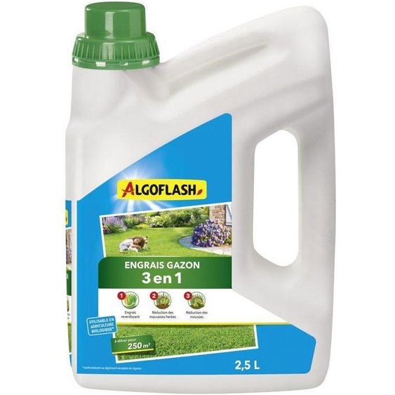 ALGOFLASH Algazbio2500 : engrais liquide 3-en-1 pour la pelouse, concentré (2,5 L) contre la mousse et les mauvaises herbes