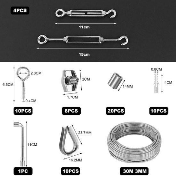 Allecto Plus – Lot de 64 câbles en acier avec illets, câble en acier inoxydable de 3 mm, kit de câbles de tension de 30 m, câble en acier inoxydable avec tendeur, serre-câble à vis rotative en acier inoxydable M5 pour plantes grimpantes servant de