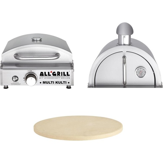 Allgrill MULTI-KULTI Set 3 avec sécurité dallumage - gril à gaz + hotte à pizza + pierre à pizza Ø 31 cm