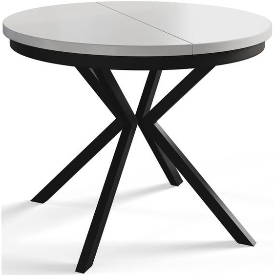AlpiMeble Table de salle à manger ronde BERGO, table extensible, diamètre : 120 cm/200 cm, table de salon, couleur : blanc, avec pieds en métal de couleur noire