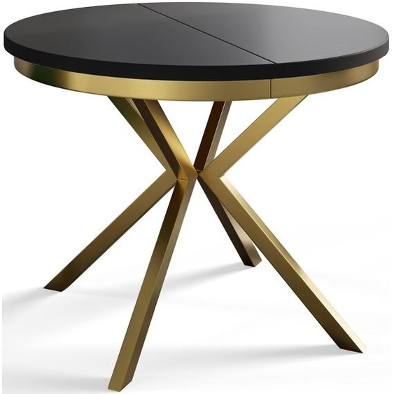 AlpiMeble Table de salle à manger ronde BERGO, table extensible, diamètre : 120 cm/200 cm, table de salon, couleur : noir, avec pieds en métal doré