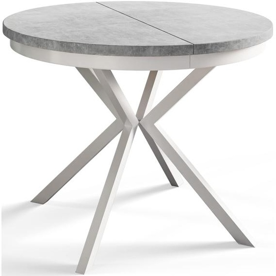 AlpiMeble Table de salle à manger ronde BERGO, table extensible, diamètre : 90 cm/170 cm, table de salon, couleur : gris clair, avec pieds en métal de couleur blanche