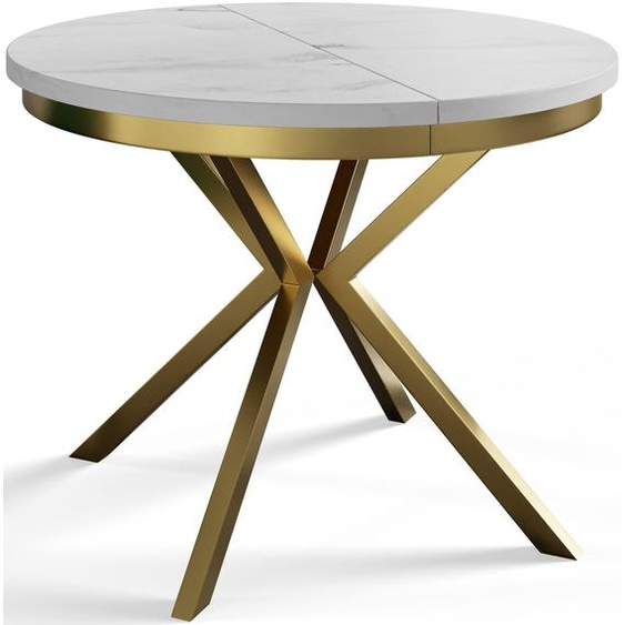 AlpiMeble Table de salle à manger ronde BERGO, table extensible, diamètre : 90 cm/170 cm, table de salon, couleur : marbre, avec pieds en métal doré