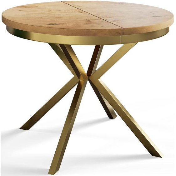 AlpiMeble Table de salle à manger ronde BERGO, table extensible, diamètre : 90 cm/170 cm, table de salon, couleur : marron clair, avec pieds en métal doré