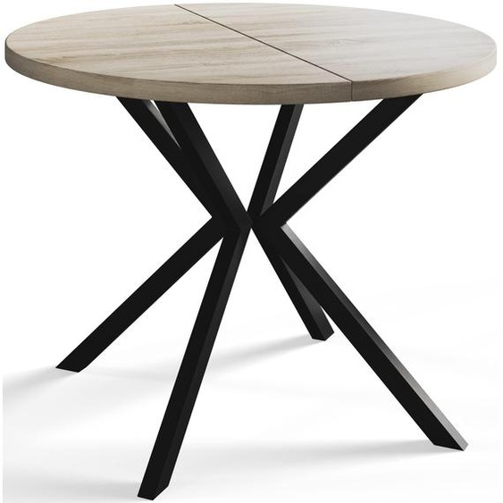 AlpiMeble Table de salle à manger ronde LOFT LITEN, table extensible diamètre : 120 cm/200 cm, table de salon couleur : beige, avec pieds en métal de couleur noire