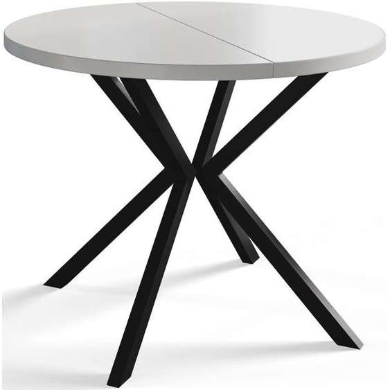 AlpiMeble Table de salle à manger ronde LOFT LITEN, table extensible diamètre : 120 cm/200 cm, table de salon, couleur : blanc, avec pieds en métal de couleur noire