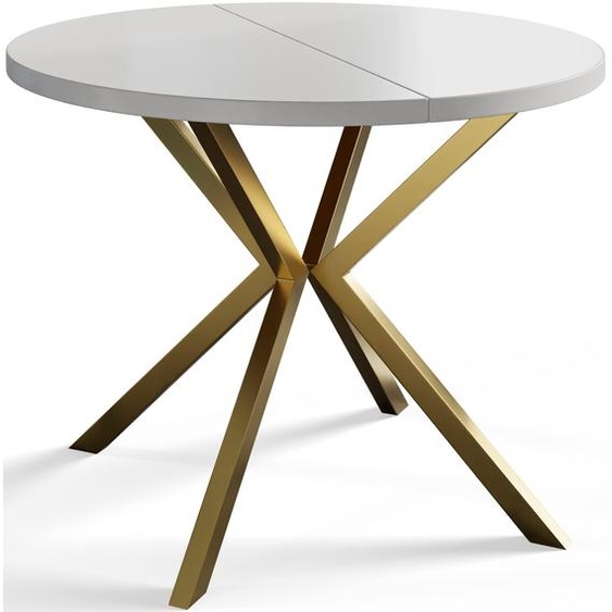 AlpiMeble Table de salle à manger ronde LOFT LITEN, table extensible diamètre : 120 cm/200 cm, table de salon couleur : blanc, avec pieds en métal de couleur or