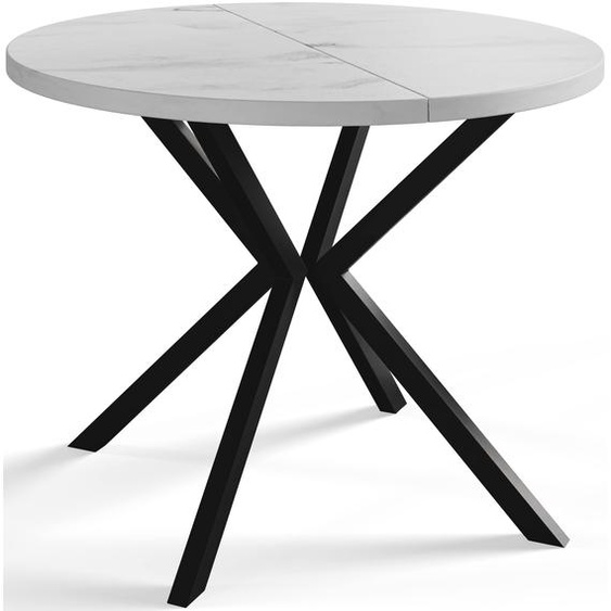 AlpiMeble Table de salle à manger ronde LOFT LITEN, table extensible diamètre : 120 cm/200 cm, table de salon, couleur : marbre, avec pieds en métal de couleur noire