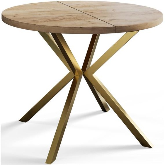 AlpiMeble Table de salle à manger ronde LOFT LITEN, table extensible diamètre : 120 cm/200 cm, table de salon couleur : marron, avec pieds en métal de couleur or