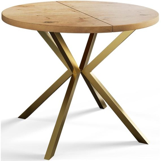 AlpiMeble Table de salle à manger ronde LOFT LITEN, table extensible diamètre : 120 cm/200 cm, table de salon, couleur : marron clair, avec pieds en métal doré