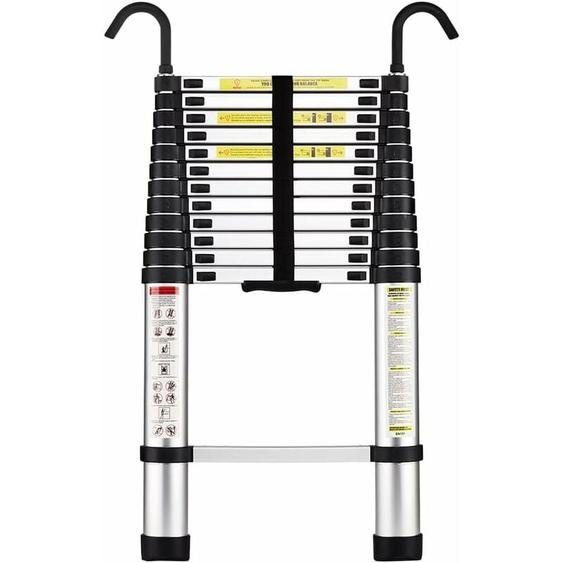 Aluminium Échelle pliante 3.8M Télescopique Pliable avec Mains Courantes Amovibles, Éxtensible Échelle Droite Simple ,Multifonctionnelle, Charge max