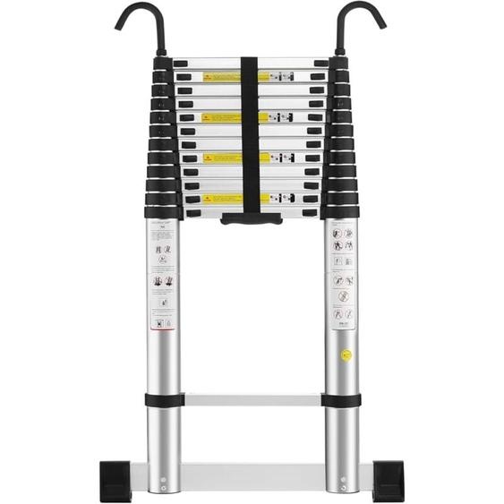 Aluminium Échelle pliante 5M Télescopique Pliable avec Mains Courantes Amovibles et barre déquilibre, Éxtensible Échelle Droite Simple