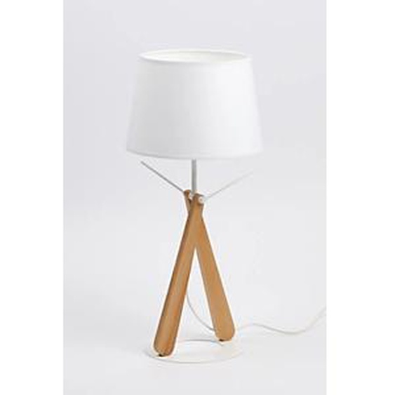 Aluminor Lampe de bureau Zazou - Ampoule Led E27 - 12W - Pied bois hêtre et socle acier laqué - Abat-jour blanc