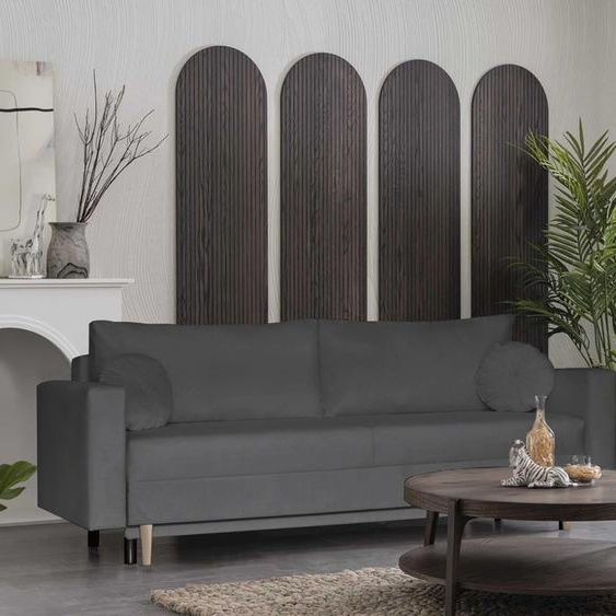 ALVARO canapé trois places de style scandinave avec fonction de couchage, velours, pieds en bois, ressorts ondulés (tissu : trinity 15 - gris foncé)