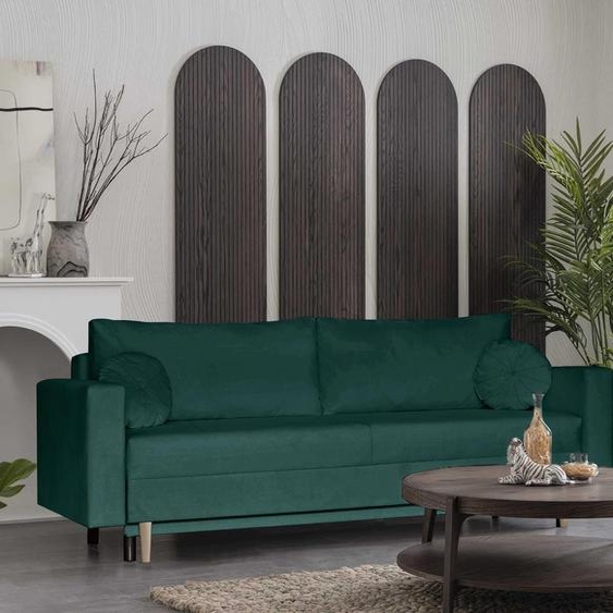 ALVARO canapé trois places de style scandinave avec fonction de couchage, velours, pieds en bois, ressorts ondulés (tissu : trinity 28 - bottle green)