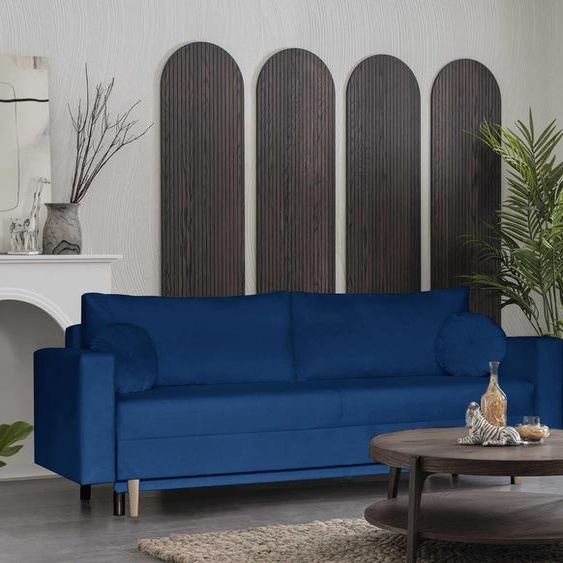 ALVARO canapé trois places de style scandinave avec fonction de couchage, velours, pieds en bois, ressorts ondulés (tissu : trinity 30 - bleu foncé)