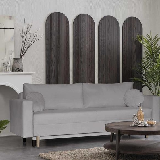 ALVARO canapé trois places de style scandinave avec fonction de couchage, velours, pieds en bois, ressorts ondulés (tissu : trinity 33 - light grey)