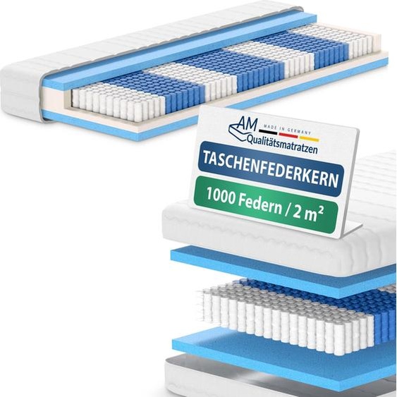 AM Qualitätsmatratzen | 1000 ressorts 7 zones à ressorts ensachés - 90x200 cm - H1 | Matelas à ressorts ensachés en forme de tonneau | 90/200 | Matelas à ressorts | Degré de fermeté H1 | 7 zones | 24 cm dépaisseur