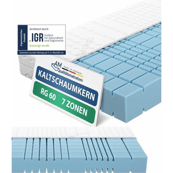AM Qualitätsmatratzen | Matelas Premium 7 zones en mousse froide 140x200 cm | Souple (H2) | Matelas ergonomique en RG60 | 19 cm dépaisseur | Fabriqué en Allemagne | 140 x 200 cm