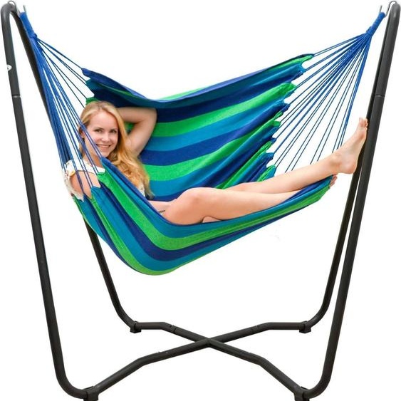 AMANKA Support pour chaise suspendue Support métallique pour chaise suspendue 155cm Noir y compris chaise suspendue bleu-vert rayé