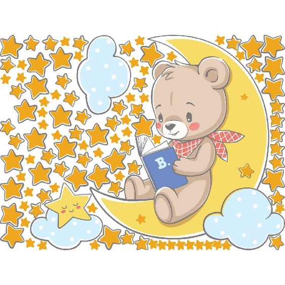 Ambiance-sticker Sticker ourson sur la lune avec son livre + 100 étoiles