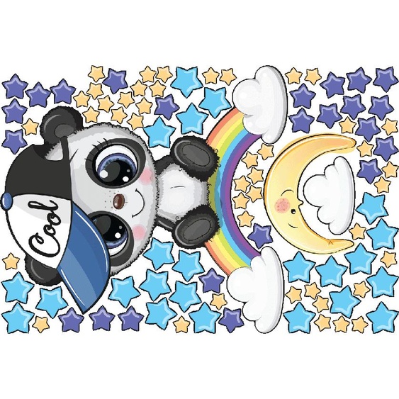 Ambiance-sticker Stickers panda garçon sur arc en ciel et 90 étoiles