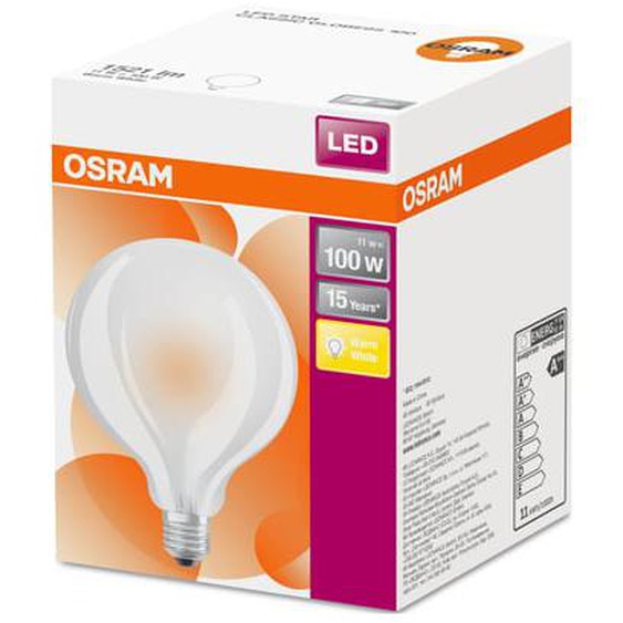 Ampoule globe 95mm LED E27 verre dépoli blanc chaud 11W=100W