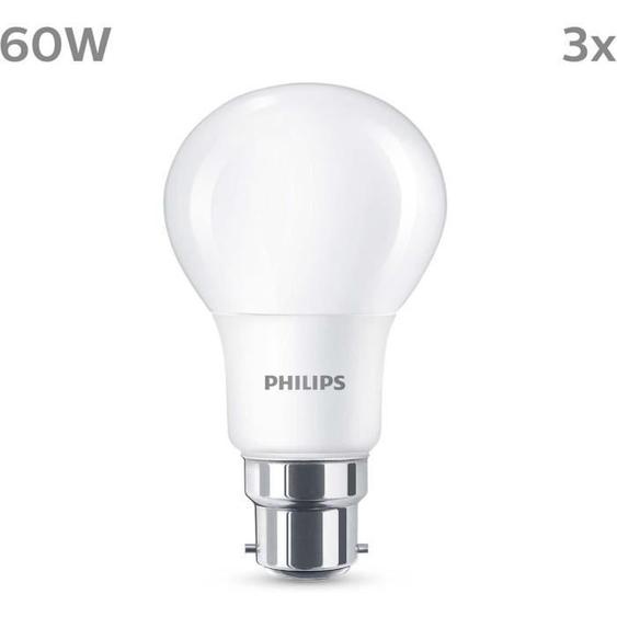 Ampoule LED - PHILIPS - 60 W - B22 - Blanc chaud - Dépolie - Non-Dimmable - 3 pièces