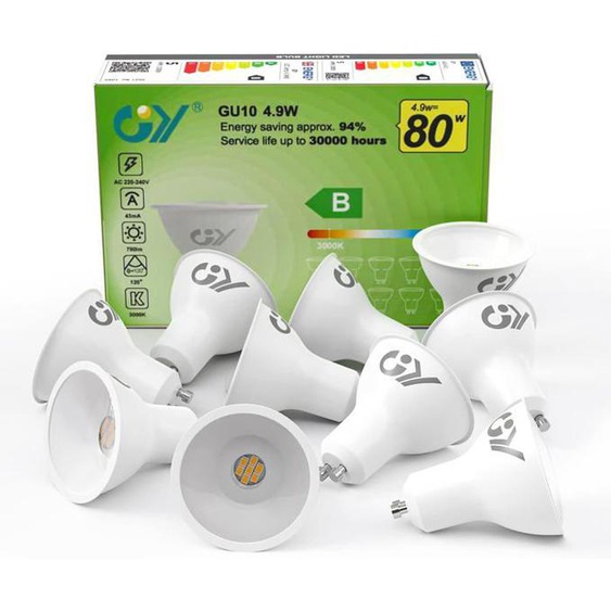Ampoules Led Gu10 4.9W Equivalent 80W,780Lm 3000K Blanc Chaud,Angle De Lumière 120°,Ampoule Gu10 Led Efficacité Energétique,10P
