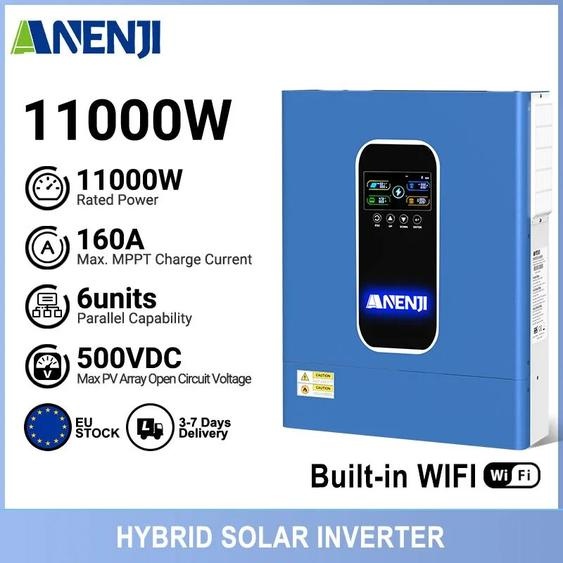 ANENJI nouveau onduleur solaire hybride 11KW 48V double onduleur sinusoïdal pur MPPT 230VAC 160A double entrée photovoltaïque double sortie, parallèle