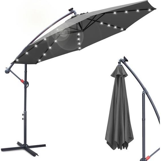 Aopunly Parasol avec éclairage LED Ø350cm Parasol ampli 360° pivotant Parasol de jardin Pavillon Gris