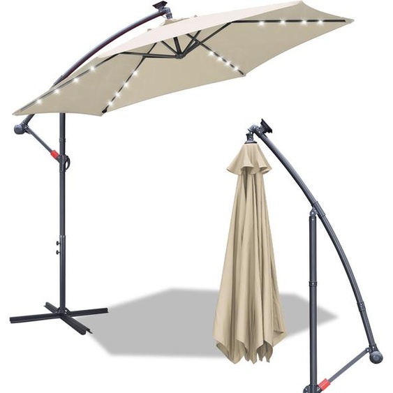 Aopunly Parasol Parapluie 350 cm avec LED, protection UV, manivelle -Beige