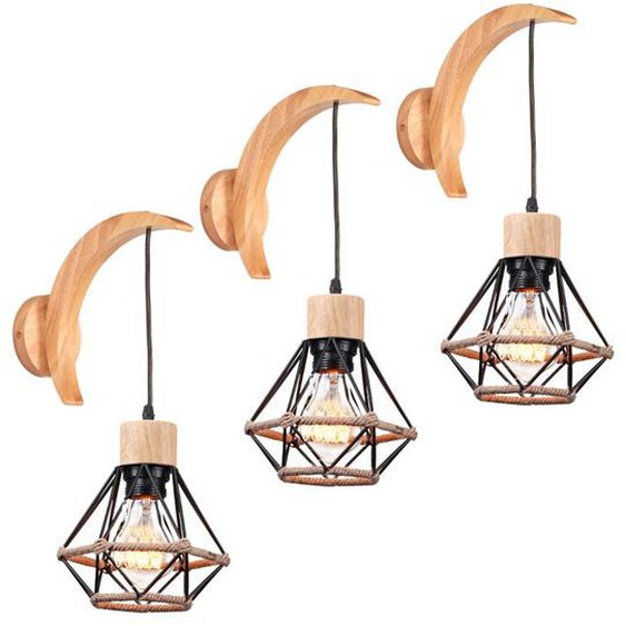 Applique Murale Industrielle - IDEGU - Croissant Vintage - Bois et Rotin - Marron - 16 cm x 39 cm x 21 cm