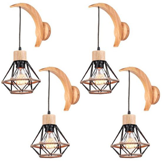 IDEGU 4pcs Applique Murale Intérieure en Bois et Rotin Suspension Luminaire Industrielle Design Croissant Vintage pour Salon