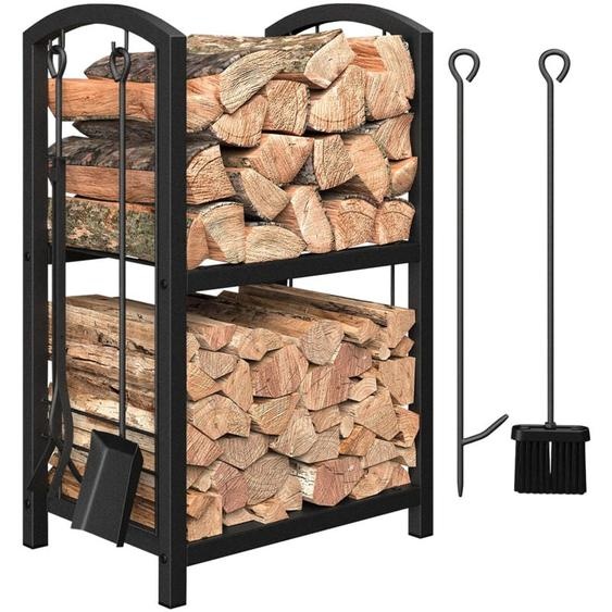 Aquasup - Porte Bûches de Cheminée avec 4 Outils Grande en Métal Grande Capacité Range-bûches Support de bois de Chauffage 75 40 30 cm Noir