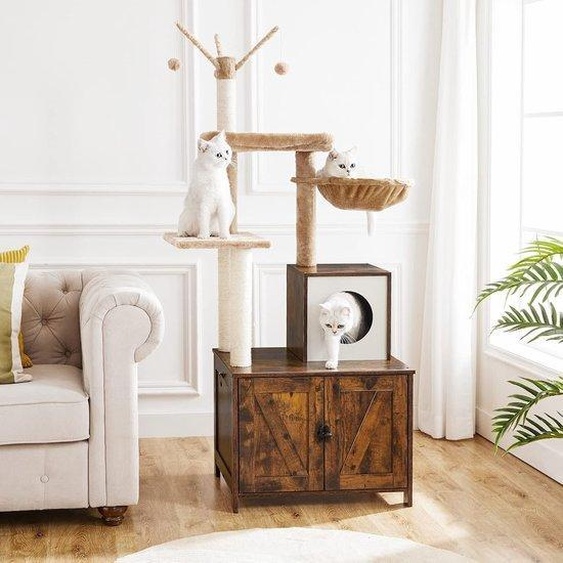 Arbre à chat 60x48x150 cm 2 en 1 - Marron vintage - Revêtement en peluche - Jouet pour chat - Bois