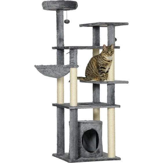 Arbre à chat - Arbre à chat - 49 x 49 x 144 cm - 5 niveaux - Troncs en sisal - Panneau de particules et peluche polyester - Gris