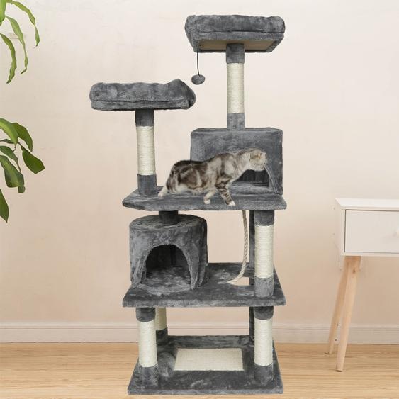 Arbre à chat Arbre à chat à grimper stable avec maisons pour chats Arbre à chat en peluche 145 cm de haut Gris