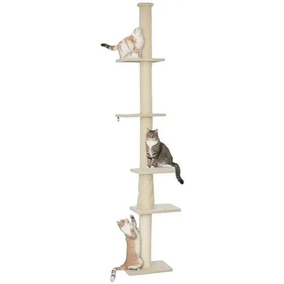 Arbre à chat – Arbre à grimper de hauteur plafond – Hauteur réglable de 225 à 275 cm – Quatre plateformes – Base stable avec protection anti-basculement – Revêtement en peluche douce – Couleur vert armée
