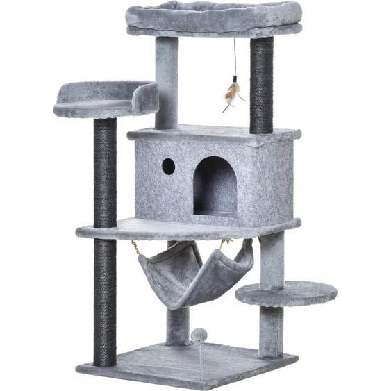 Arbre à chat - Arbre à grimper - Quatre niveaux - Dimensions 48×48×107 cm - Niche en feutre amovible - Hamac - Troncs en sisal - Gris