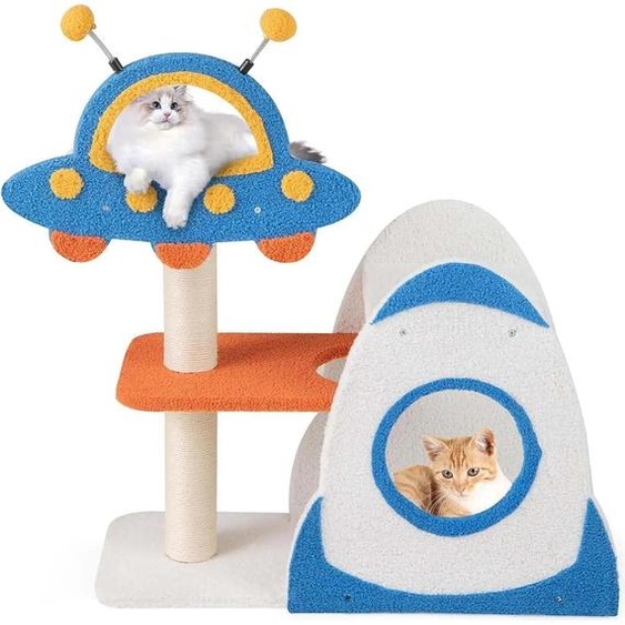 Arbre à chat au design spatial - Arbre à chat et arbre à grimper - Plateforme OVNI - Maison fusée - Trois niveaux - Colonnes à griffer en sisal - Revêtement en tissu doux - Bleu