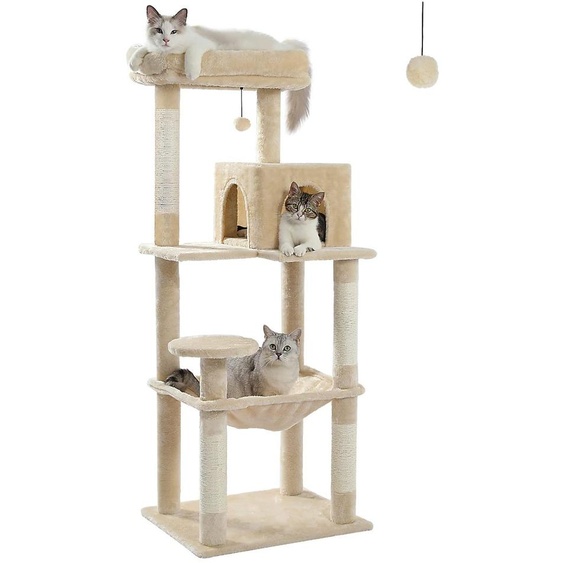 Arbre à chat avec hamac souple en métal, maison pour chats adultes à deux portes, 6 étages avec griffoirs et une grande surface de repos au sommet, beige, 143 cm