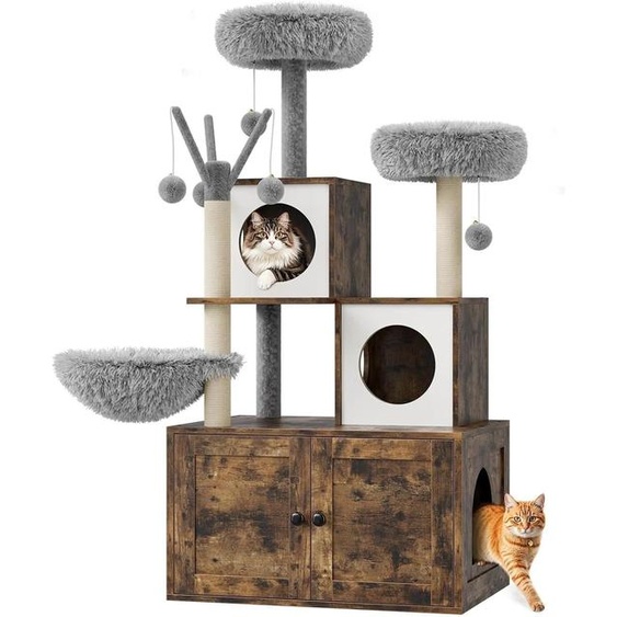 Arbre à chat avec litière intégrée - Meuble moderne 2-en-1 pour chats en bois - Maison pour chat - Hamac - Griffoir en sisal - Lit confortable - Plusieurs niveaux - Chêne