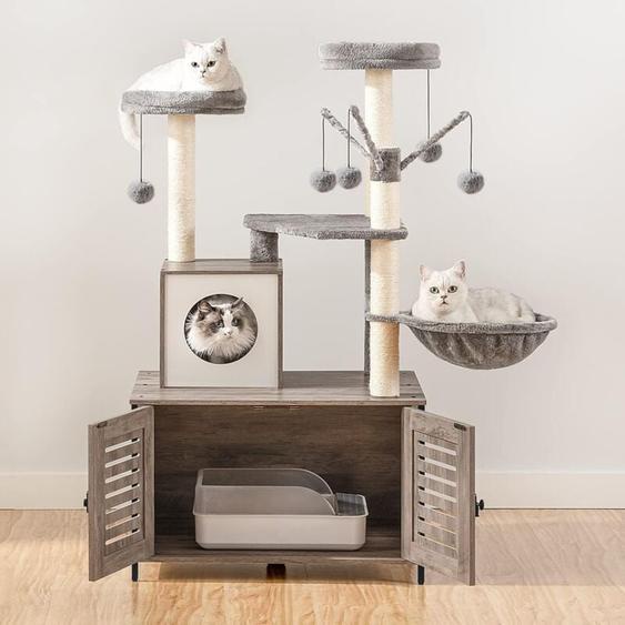 Hoobro - Arbre à Chat avec Maison de Litière pour Chat, Maison pour Chat en Bois avec Tour à Chat, Bâton de Chat taquin à Pompon Amovible, Piliers en